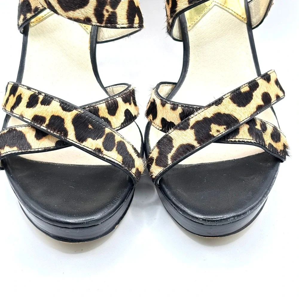 Michael Kors Women Leopard Print Calf Hair Platform Stiletto Sandals Brown Black